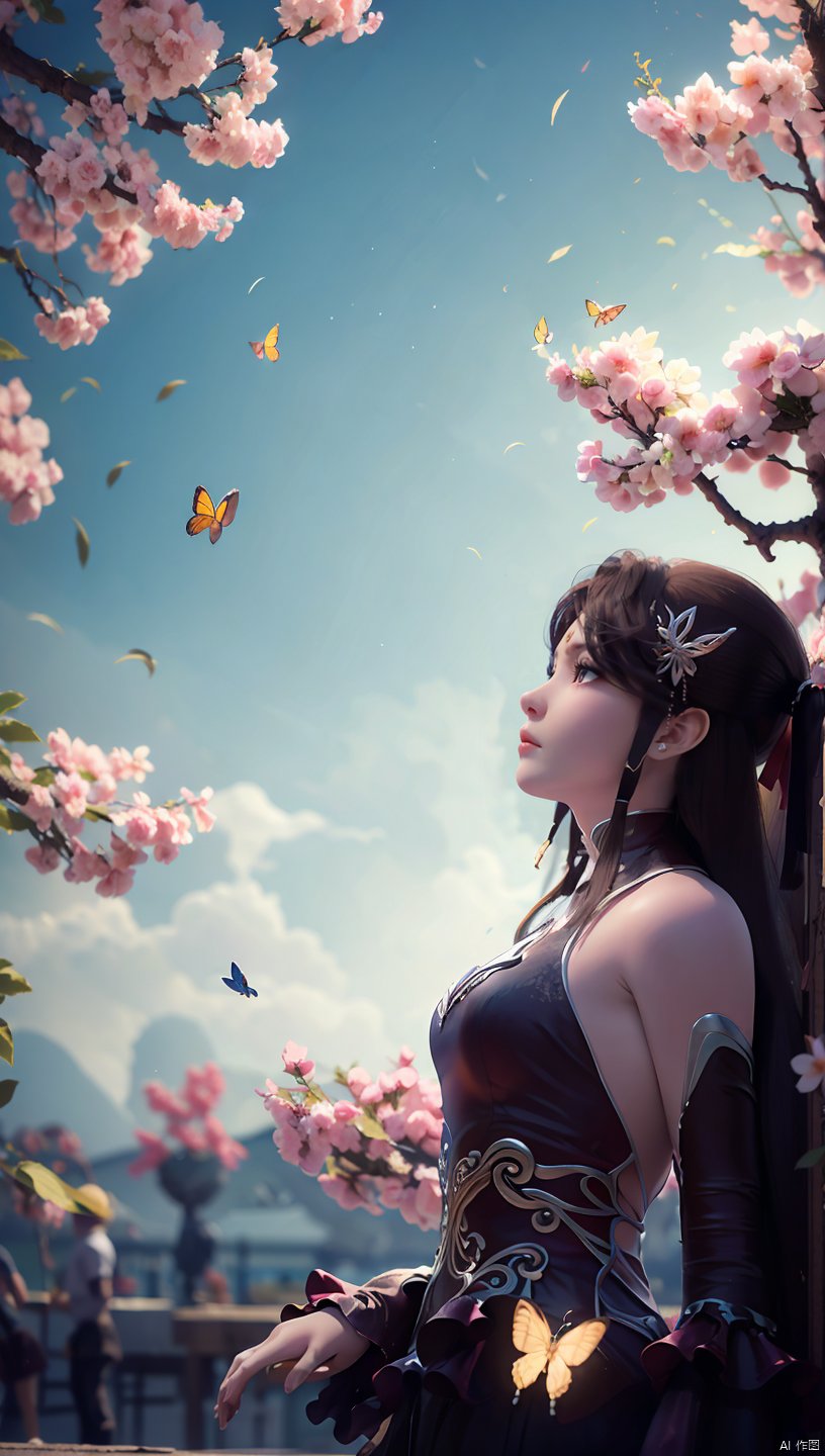  1 girl, dynamic angle, solo, looking at the audience, dress, sky, blue sky, insects, butterflies, branches,,