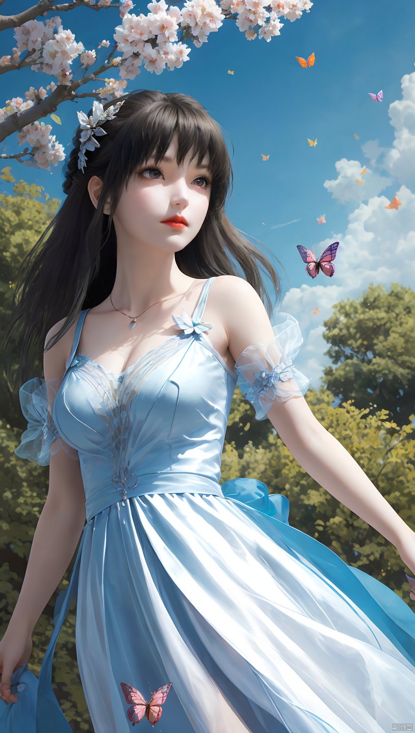  1 girl, dynamic angle, solo, looking at the audience, dress, sky, blue sky, insects, butterflies, branches,,