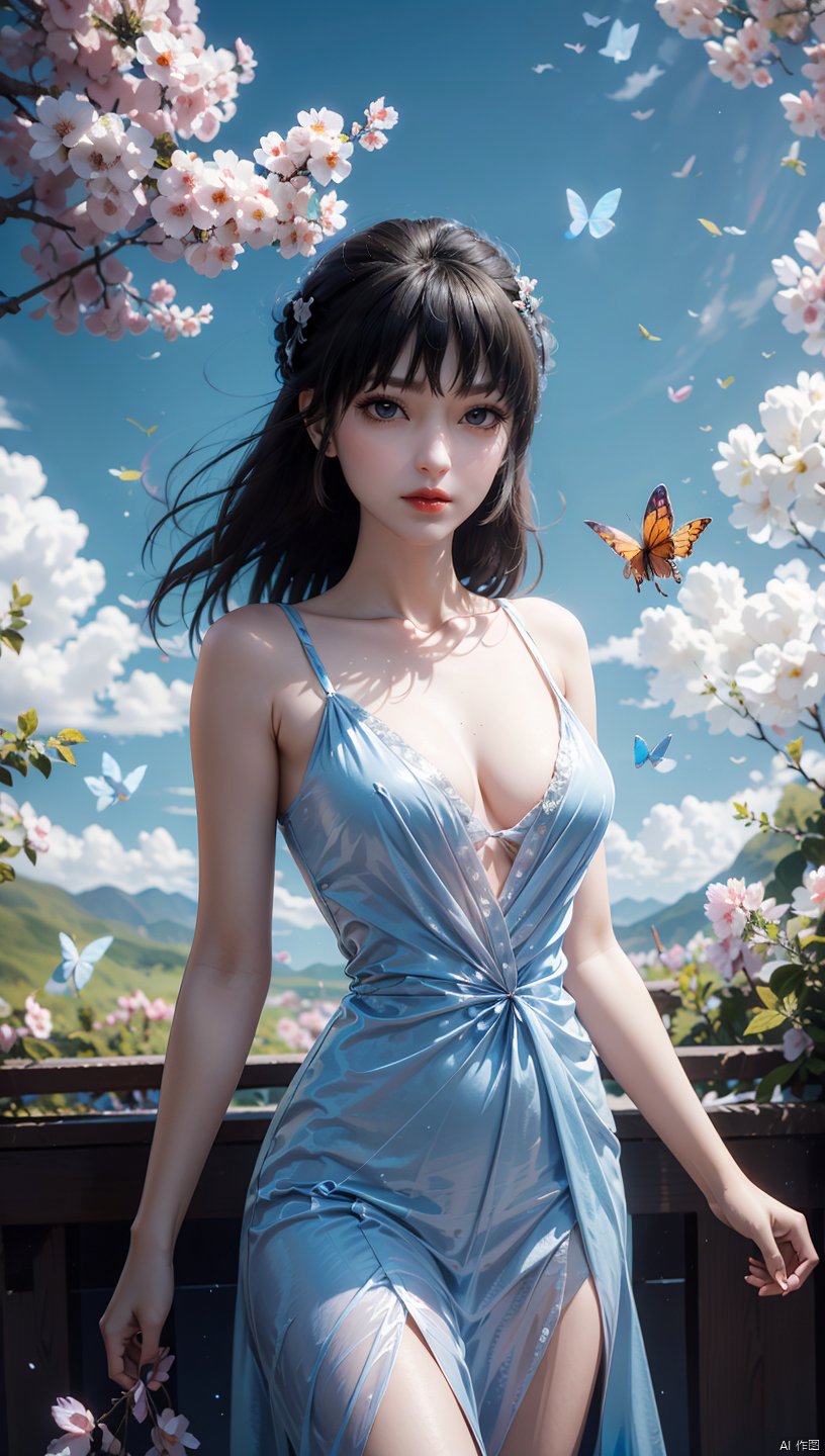  1 girl, dynamic angle, solo, looking at the audience, dress, sky, blue sky, insects, butterflies, branches,,