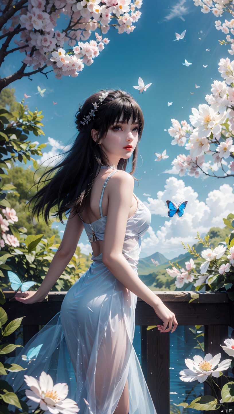  1 girl, dynamic angle, solo, looking at the audience, dress, sky, blue sky, insects, butterflies, branches,,