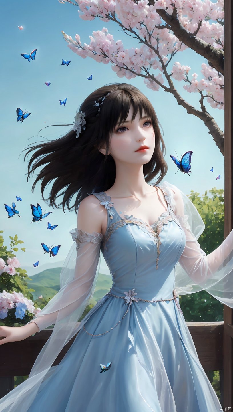  1 girl, dynamic angle, solo, looking at the audience, dress, sky, blue sky, insects, butterflies, branches,,