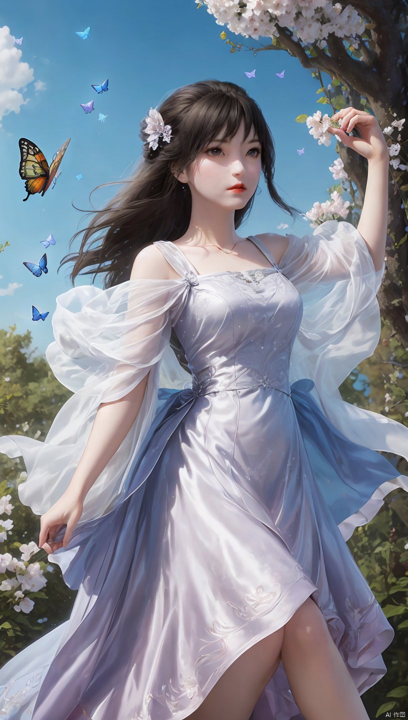  1 girl, dynamic angle, solo, looking at the audience, dress, sky, blue sky, insects, butterflies, branches,,