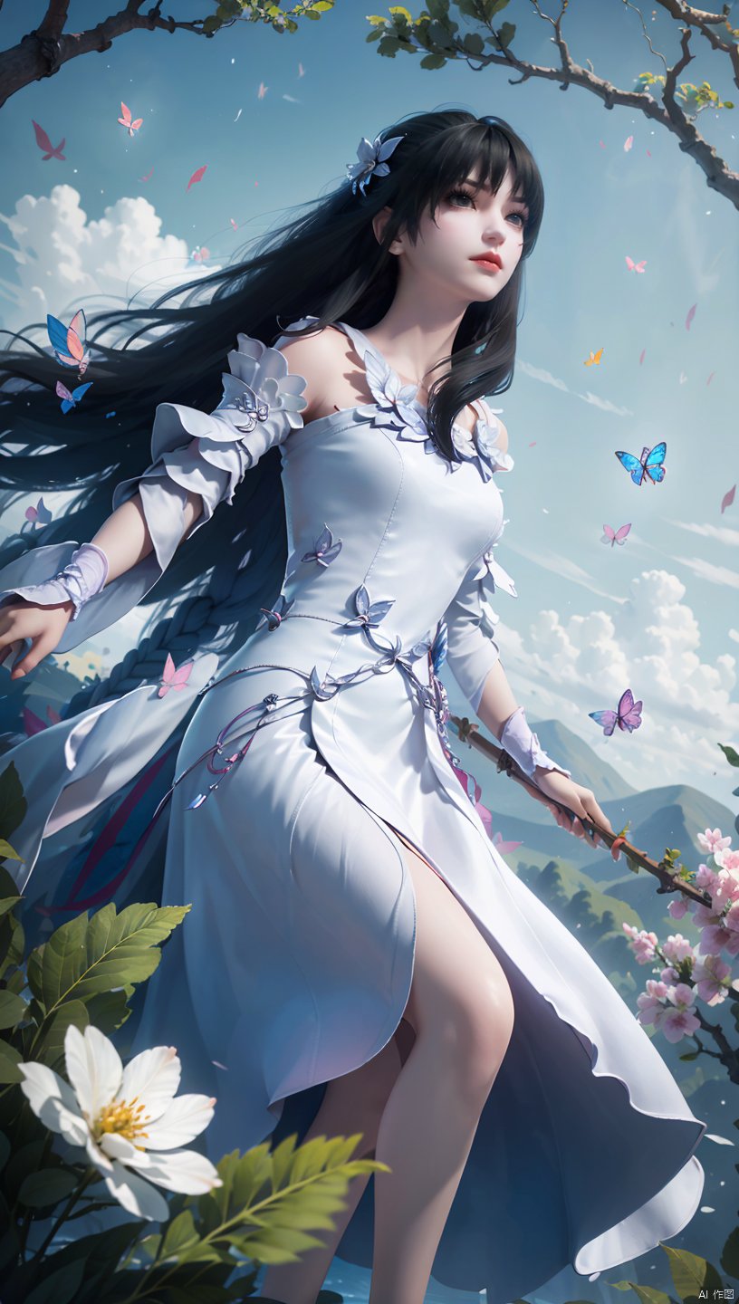  1 girl, dynamic angle, solo, looking at the audience, dress, sky, blue sky, insects, butterflies, branches,,