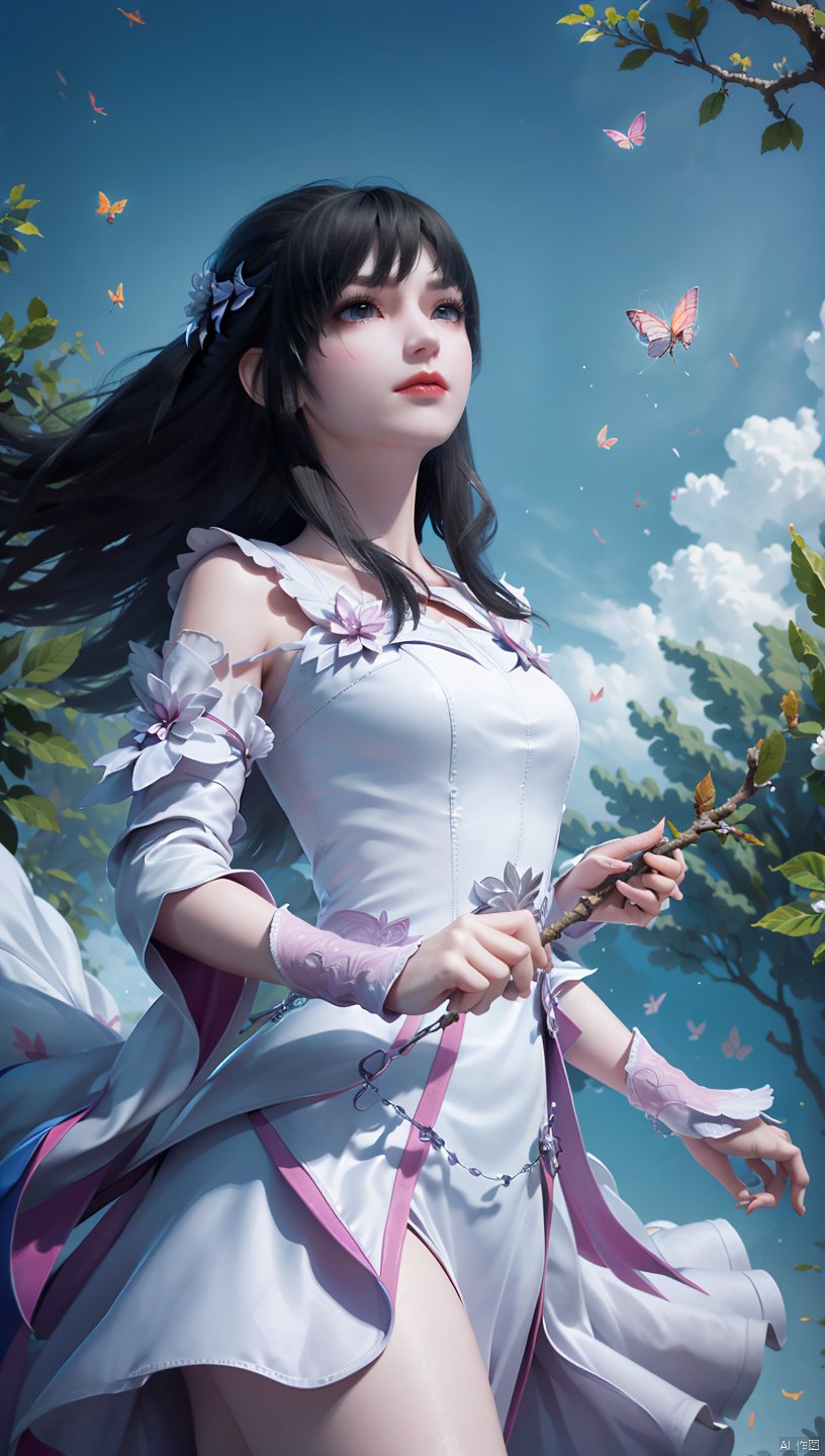  1 girl, dynamic angle, solo, looking at the audience, dress, sky, blue sky, insects, butterflies, branches,,