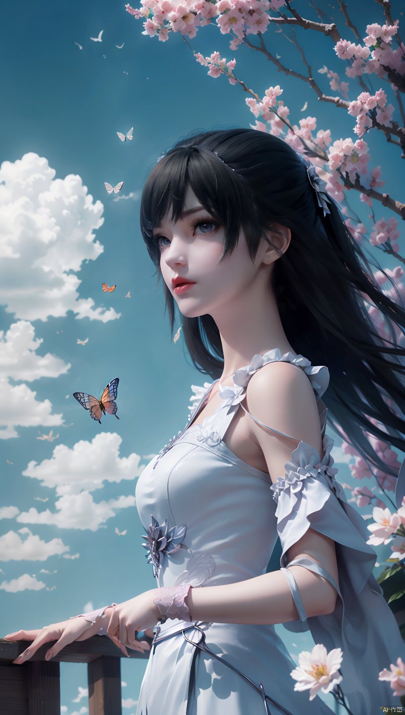  1 girl, dynamic angle, solo, looking at the audience, dress, sky, blue sky, insects, butterflies, branches,,