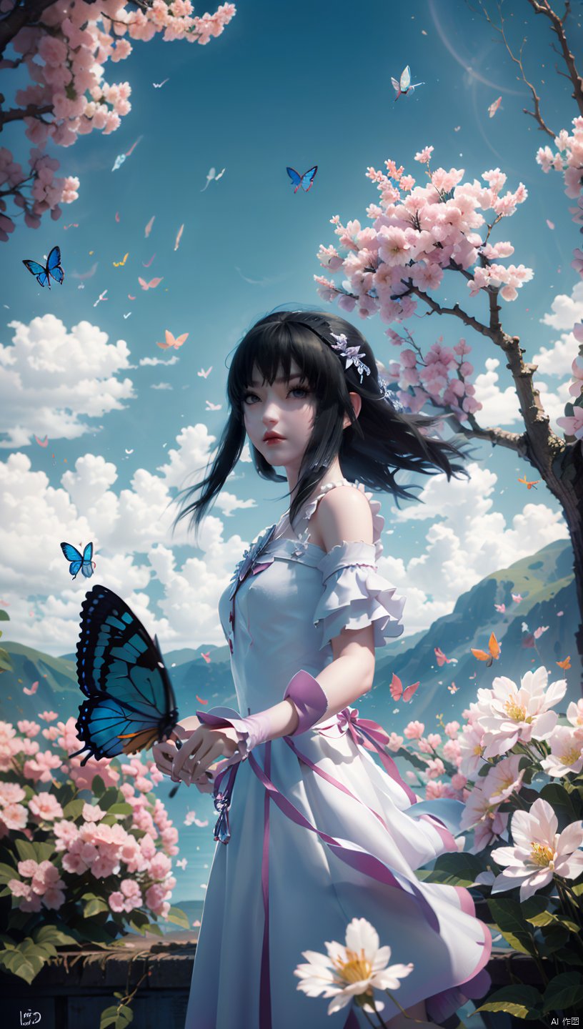  1 girl, dynamic angle, solo, looking at the audience, dress, sky, blue sky, insects, butterflies, branches,,