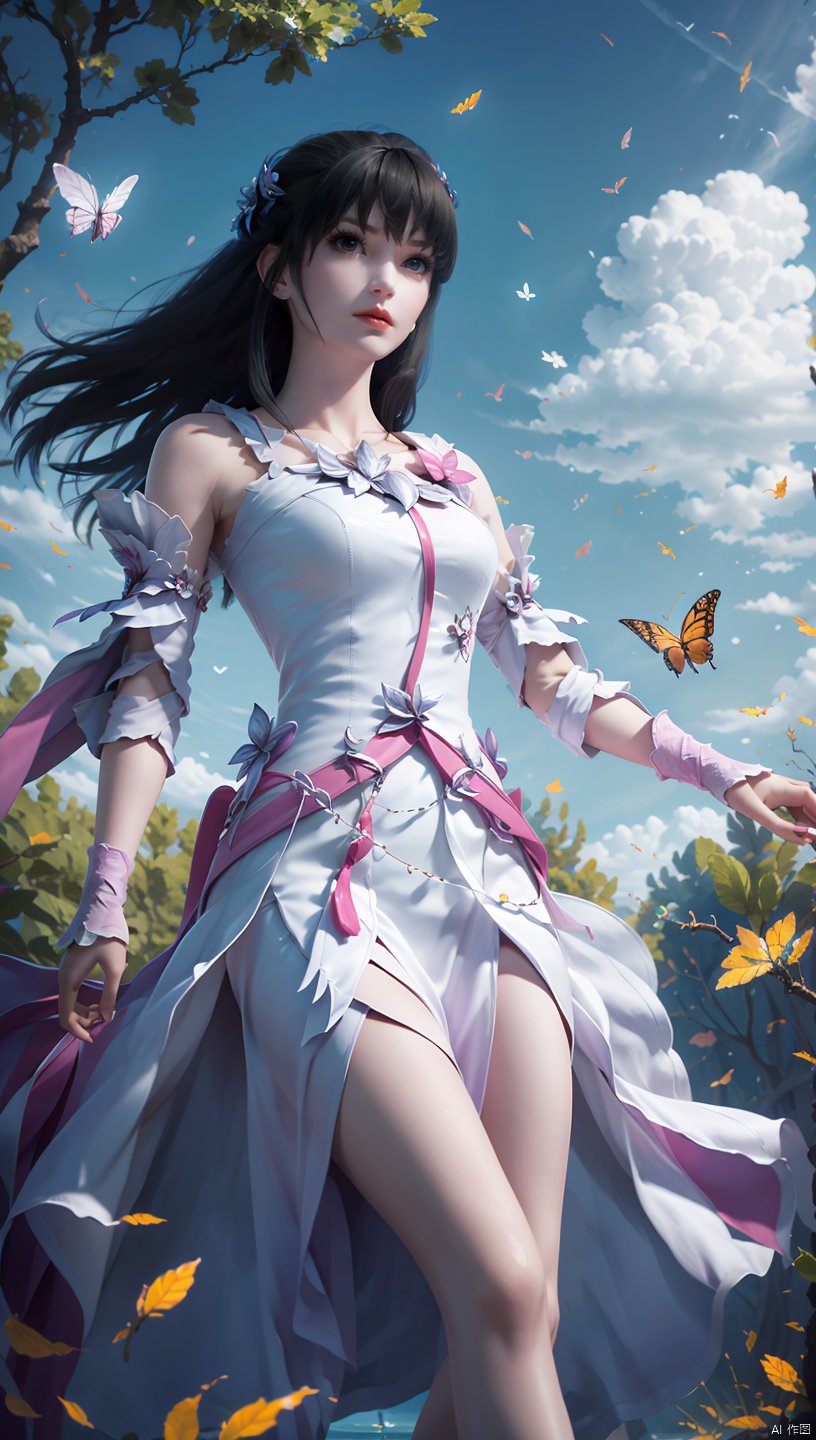  1 girl, dynamic angle, solo, looking at the audience, dress, sky, blue sky, insects, butterflies, branches,,