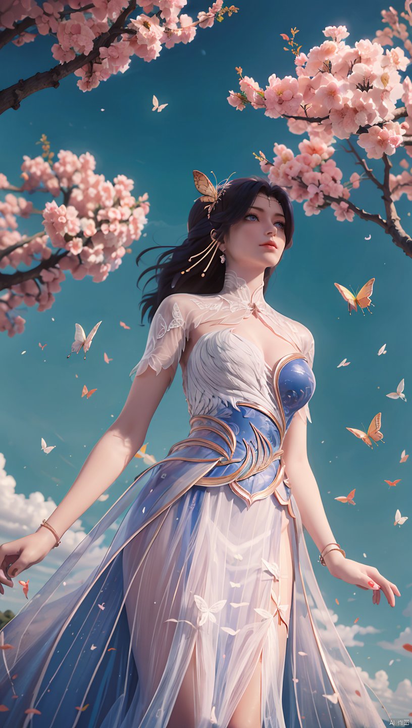  1 girl, dynamic angle, solo, looking at the audience, dress, sky, blue sky, insects, butterflies, branches,,