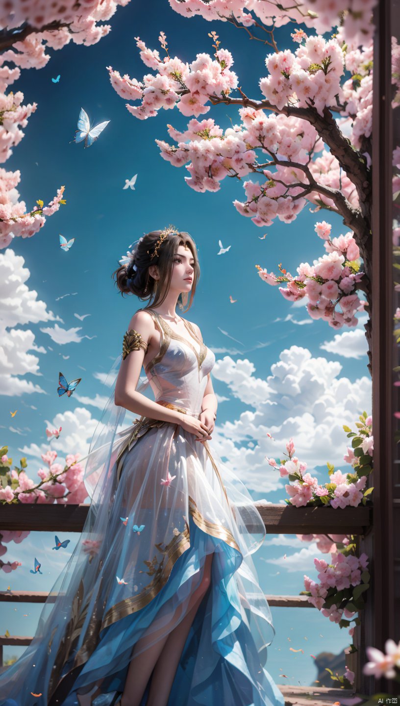  1 girl, dynamic angle, solo, looking at the audience, dress, sky, blue sky, insects, butterflies, branches,,