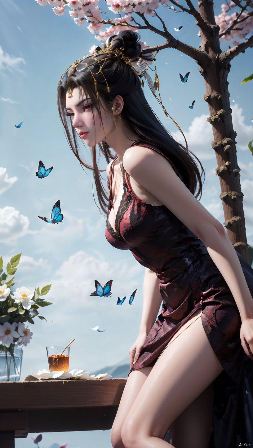  1 girl, dynamic angle, solo, looking at the audience, dress, sky, blue sky, insects, butterflies, branches,,