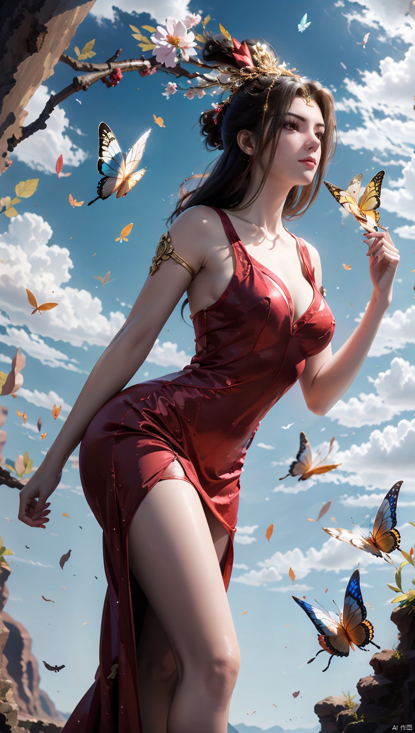  1 girl, dynamic angle, solo, looking at the audience, dress, sky, blue sky, insects, butterflies, branches,,