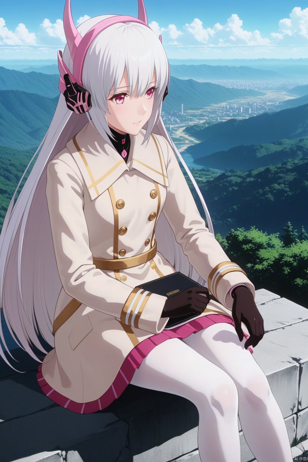  masterpiece,bestquality,anime screencap,wallpaper,high contrast,depth of field,1girl,long hair,solo,white hair,pink eyes,outdoors,blue sky,white coat,headgear, aniamte_color,skirt,white pantyhose,sitting,feet,from above