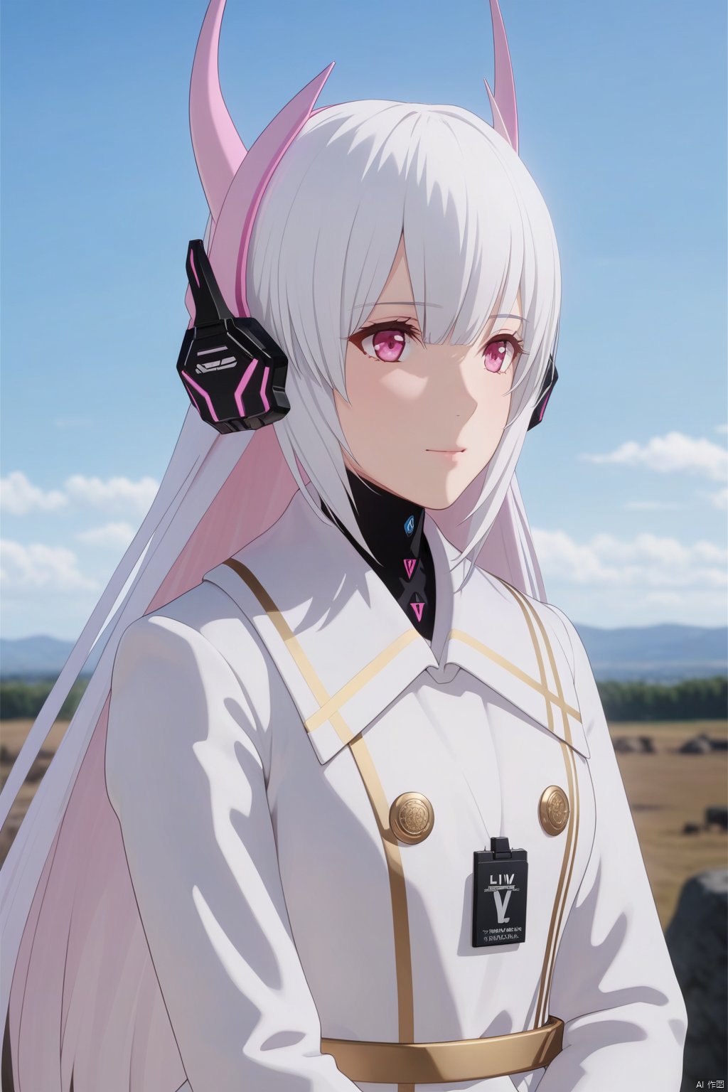  masterpiece,best quality,depth of field,1girl,long hair,solo,white hair,pink eyes,outdoors,blue sky,white coat,headgear,LIV,cowboy shot