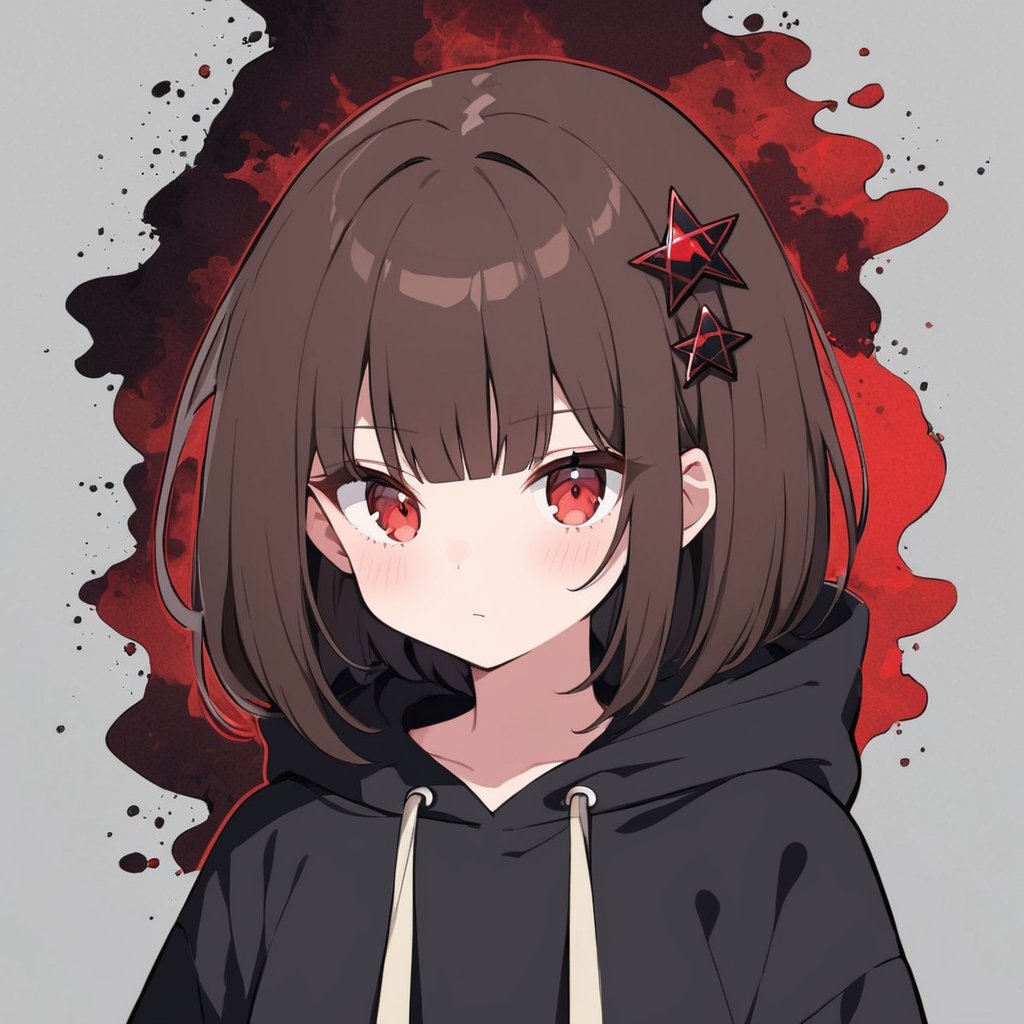 girl, chara, red eyes , dark brown short hair, red pentagram pin in hair, big black hoodies, black socs, hell background,txznflat