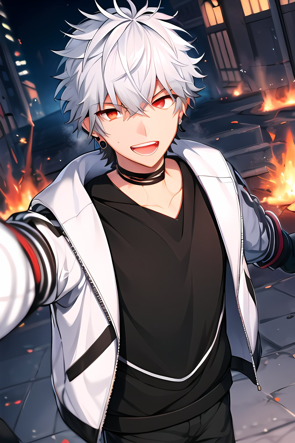 ultrahighres,Fire, fire light,masterpiece, best quality, Looking at viewer, 1boy, male_focus,siams_helios_heros_r,earring, white hair, red eyes,hair between eyes,spiky hair, short hair, upperbody, black shirt, white jacket, pov, evil smile, open mouth, teeth, city, 
