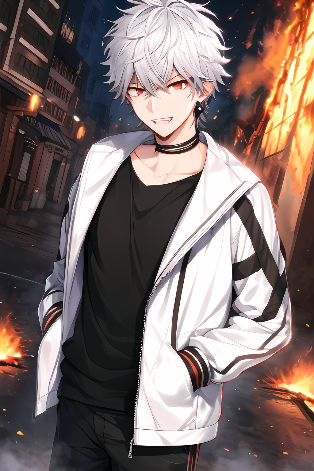 ultrahighres,Fire, fire light,masterpiece, best quality, Looking at viewer, 1boy, male_focus,siams_helios_heros_r,earring, white hair, red eyes,hair between eyes,spiky hair, short hair, upperbody, black shirt, white jacket, evil smile, teeth, city,  fire background, hell, fire on hand, street, torn_clothes, 