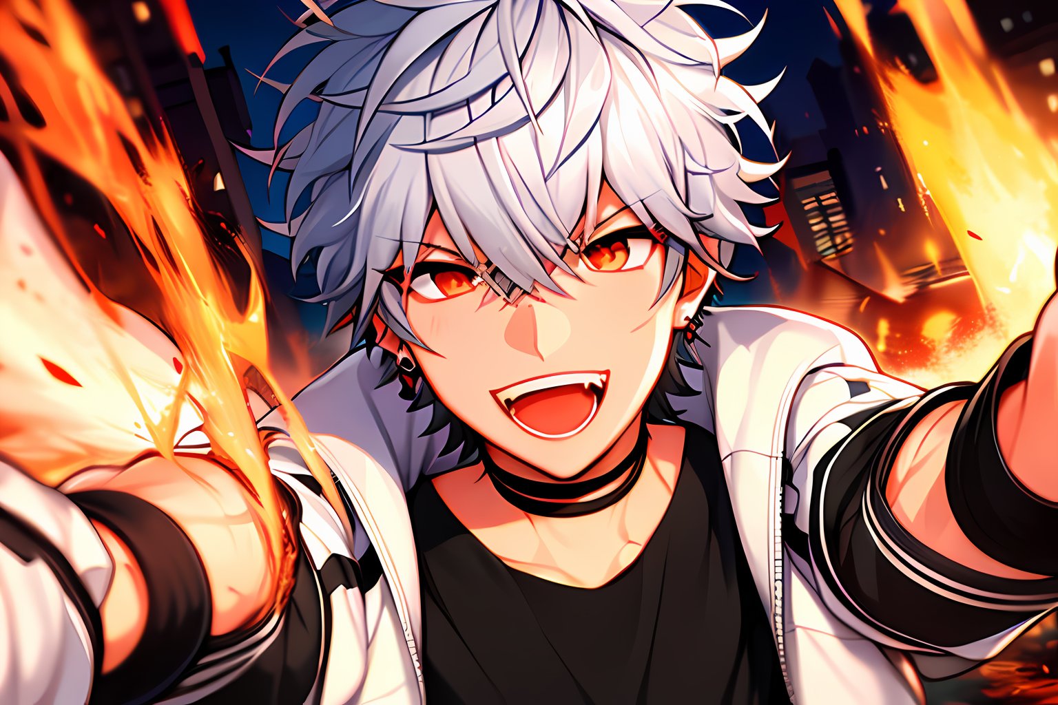 ultrahighres,Fire, fire light,masterpiece, best quality, Looking at viewer, 1boy, male_focus,siams_helios_heros_r,earring, white hair, red eyes,hair between eyes,spiky hair, short hair, upperbody, black shirt, white jacket, pov, evil smile, open mouth, teeth, city, 