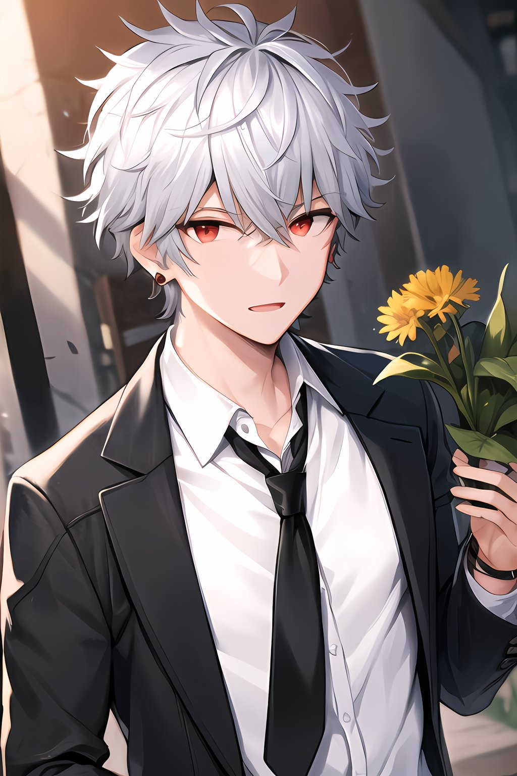 ultrahighres,masterpiece, best quality, Looking at viewer, 1boy, male_focus,siams_helios_heros_r,earring, white hair, red eyes,hair between eyes,spiky hair, short hair, upperbody, dress_shirt, tie, holding flower, black jacket,