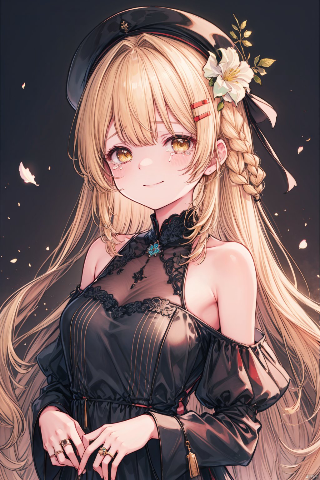  (best quality),(masterpiece),1girl, dress, solo, long hair, holding, black dress, blonde hair, flower, hat, holding flower, hair ornament, bangs, looking at viewer, black headwear, yellow eyes, jewelry, closed mouth, ring, off-shoulder dress, mini hat, bare shoulders, off shoulder, petals, chromatic aberration, very long hair, hairclip, braid, smile, tears