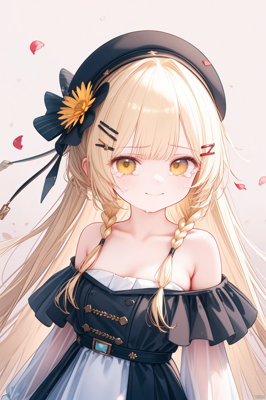  (best quality),(masterpiece),1girl, dress, solo, long hair, holding, black dress, blonde hair, flower, hat, holding flower, hair ornament, bangs, looking at viewer, black headwear, yellow eyes, jewelry, closed mouth, ring, off-shoulder dress, mini hat, bare shoulders, off shoulder, petals, chromatic aberration, very long hair, hairclip, braid, smile, tears