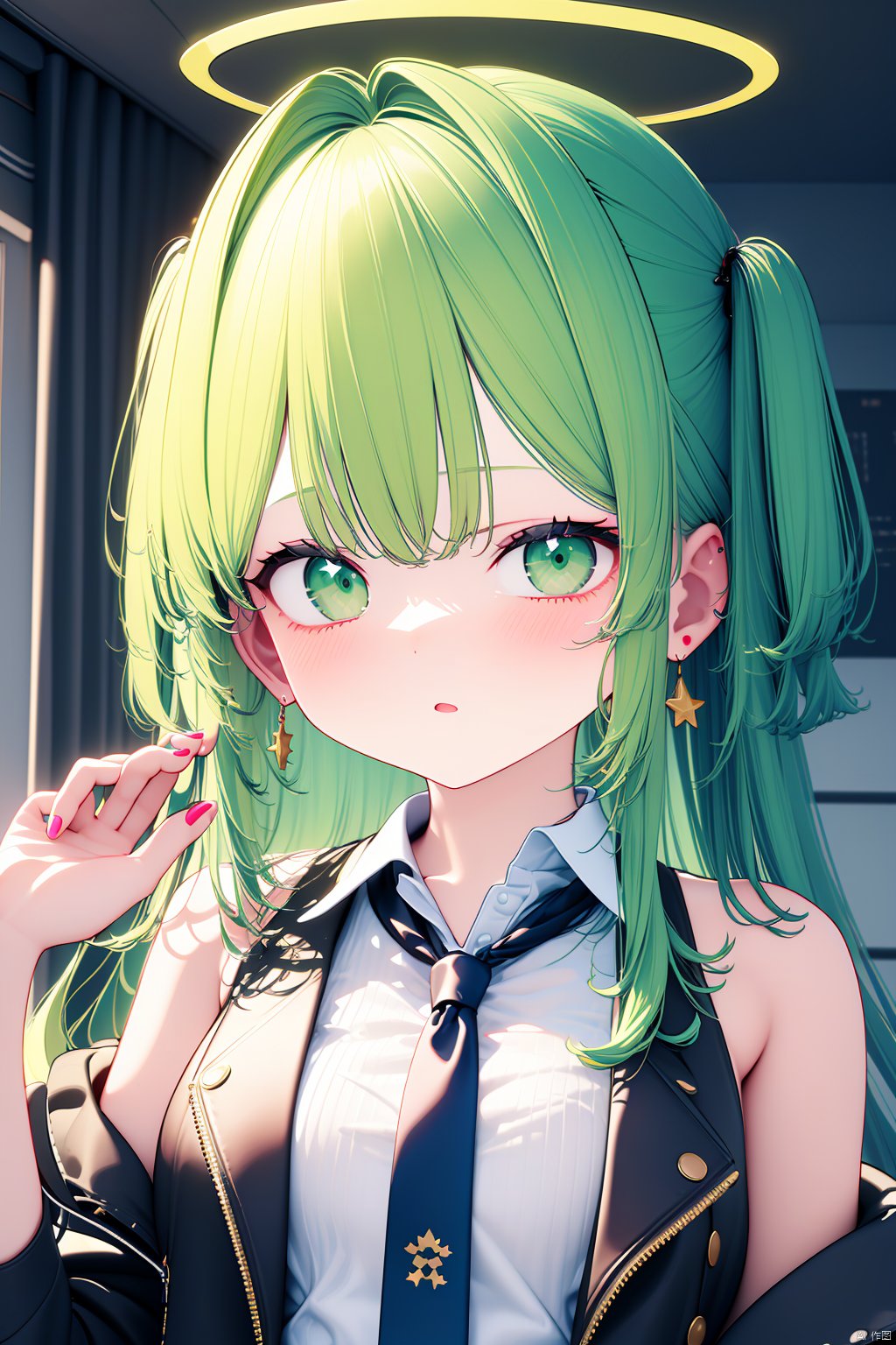  (best quality),(masterpiece),1girl, solo, green eyes, necktie, earrings, jewelry, shirt, jacket, collared shirt, halo, bare shoulders, cross, green hair, hair ornament, sleeveless shirt, upper body, white shirt, open jacket, sleeveless, long hair, off shoulder, looking at viewer, long sleeves, one side up, nail polish, :o, hand up, green nails, bangs, open clothes, star \(symbol\), blue jacket, symbol-shaped pupils, parted lips, cross earrings,