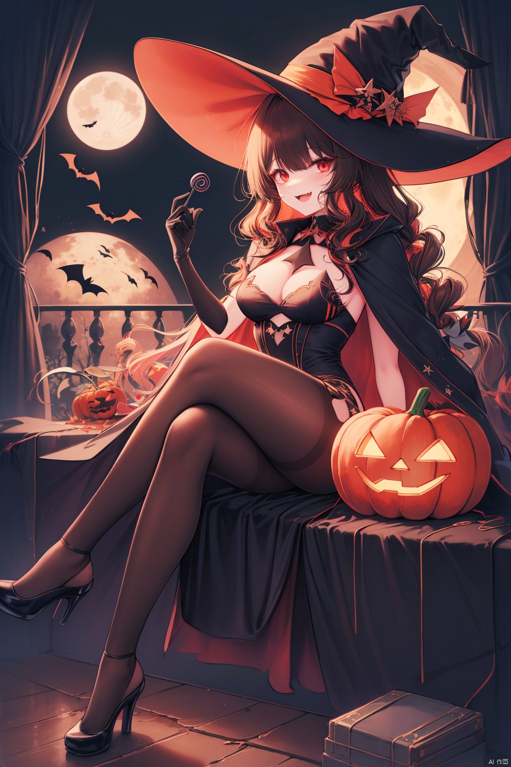  (best quality),(masterpiece),1girl, hat, red eyes, jack-o'-lantern, pantyhose, witch hat, brown hair, crossed legs, long hair, halloween, black footwear, high heels, cape, breasts, sitting, looking at viewer, smile, open mouth, moon, solo, food, ghost, :d, dress, candy, bat (animal), gloves, pumpkin, halloween bucket, orange dress, black cape, holding, black gloves, full moon, bangs, lollipop, head wings, black headwear, animal, medium breasts, cat, shoes, very long hair, fang, star (symbol), cleavage, multicolored cape, fangs