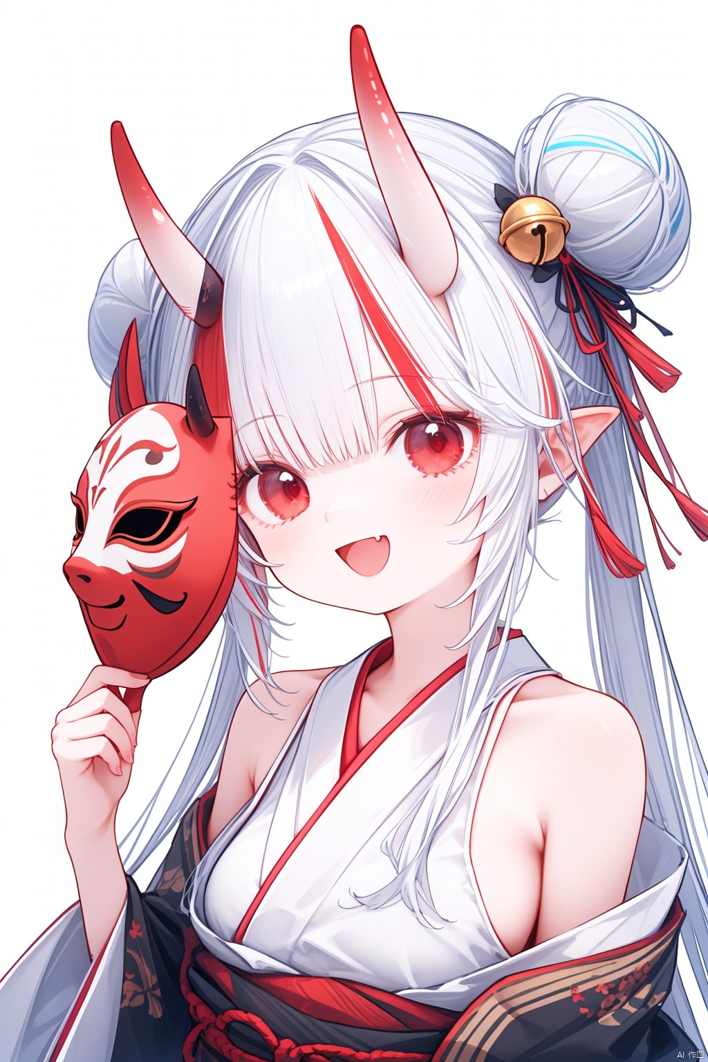 (best quality),(masterpiece),1girl, solo, bell, hair bell, virtual youtuber, nakiri ayame, long hair, horns, red eyes, hair ornament, double bun, hair bun, smile, mask, white hair, oni horns, oni mask, upper body, multicolored hair, blush, white background, open mouth, jingle bell, japanese clothes, mask on head, red hair, bare shoulders, kimono, simple background, streaked hair, holding, off shoulder, bangs, :d, tassel, oni, breasts, fang