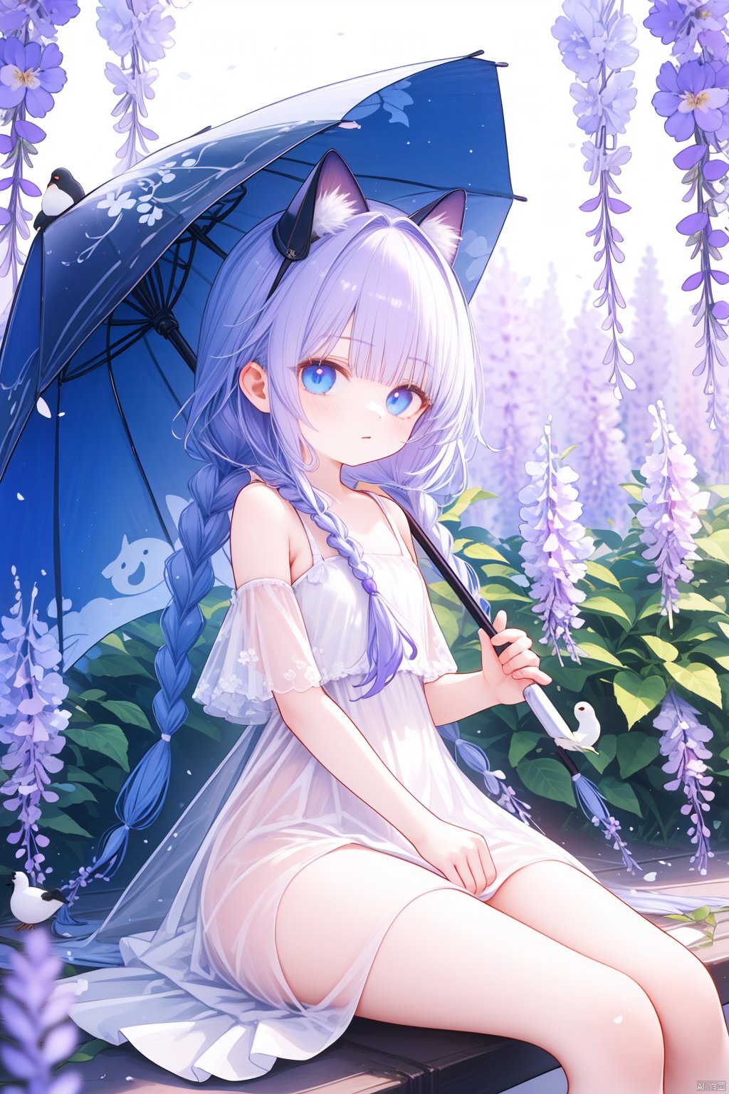  (best quality),(masterpiece),1girl, solo, long hair, blue eyes, wisteria, flower, cat, umbrella, dress, braid, sitting, bird, twin braids, very long hair, hat, looking at viewer, scenery, holding, jijianchahua