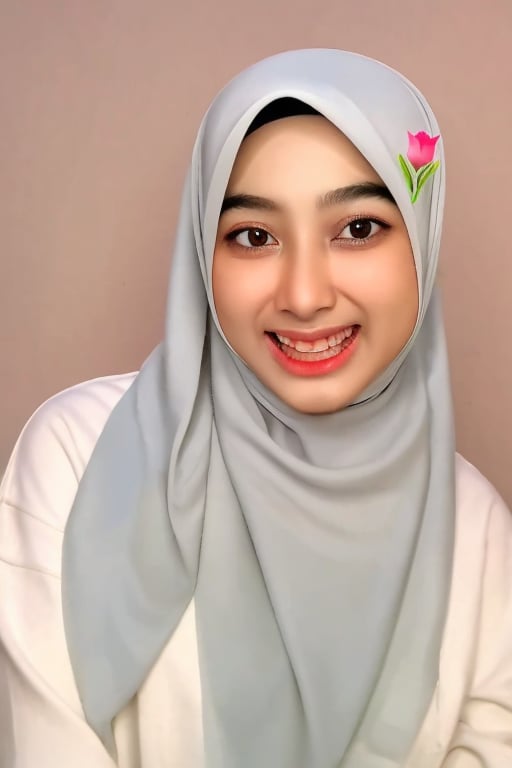 masterpiece, high_resolution, a photo 1girl indonesian hijab, hijab, smile, simple background, indo_hijab, realistic, teeth, upper body, brown background, flower, looking at viewer, UHD, outdoors, realistic,  looking at viewer,