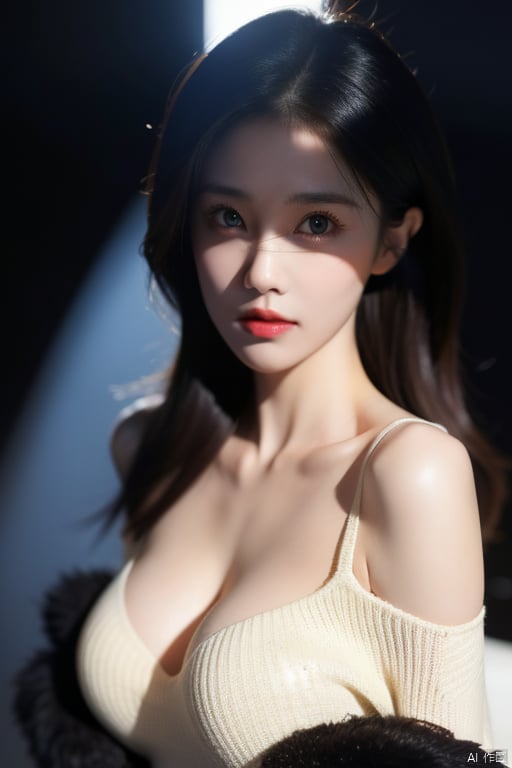  ultra high res, masterpiece, best quality, perfect glossy shiny skins, perfect lighting, detailed lighting, dramatic shadows, ray tracing, black sweater, looking at viewer, off shoulder, Big breasts, Exposed cleavage, blue Eyes, nsfw, ((Dark background)), Sexy face, Facial expressions when receiving pleasure, open mouse