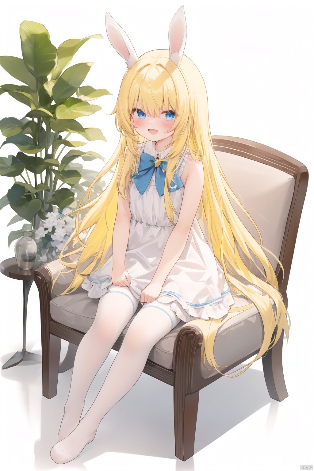 chen_bin,white background, yellow hair,blue eyes,long hair,white rabbit ears, full body, blush,open mouth,smile, white dress, thighhighs,bare arms, sitting,chair, white pantyhose