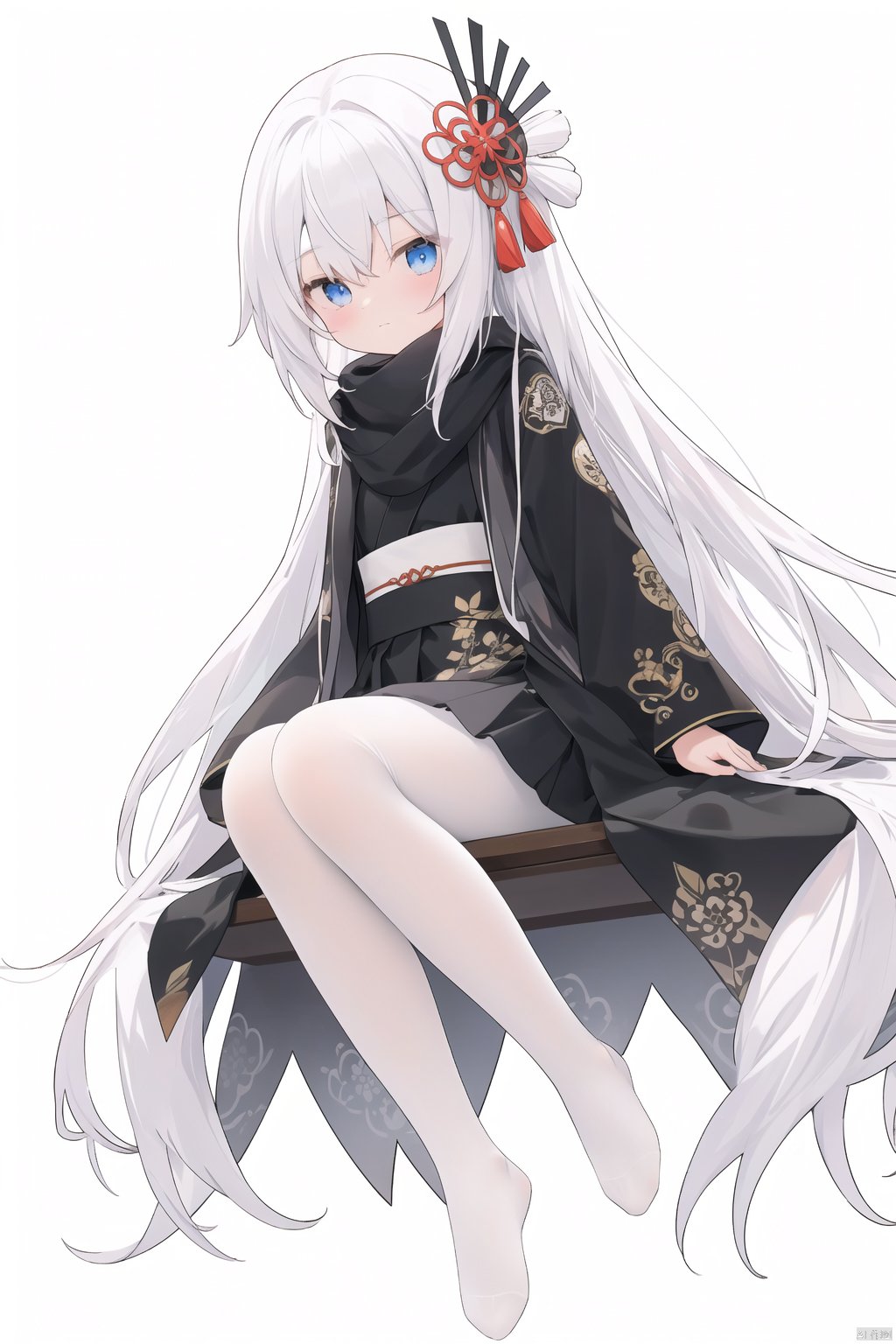 chen_bin,thin,very long hair,white hair,small breasts,blue eyes,closed mouth,(black scarf),white coat,black skirt,socks,happy,couldly,sky,snow,mountain,pine tree,plum blossom,(red-crowned crane),(Chinese style building),masterpiece,best quality,official art,extremely detailed CG unity 8k wallpaper,cozy anime,backlight, mahiro, [(white background:1.5)::5], (wide shot:0.95), Dynamic angle, fanxing, (full body), cozy anime, white pantyhose