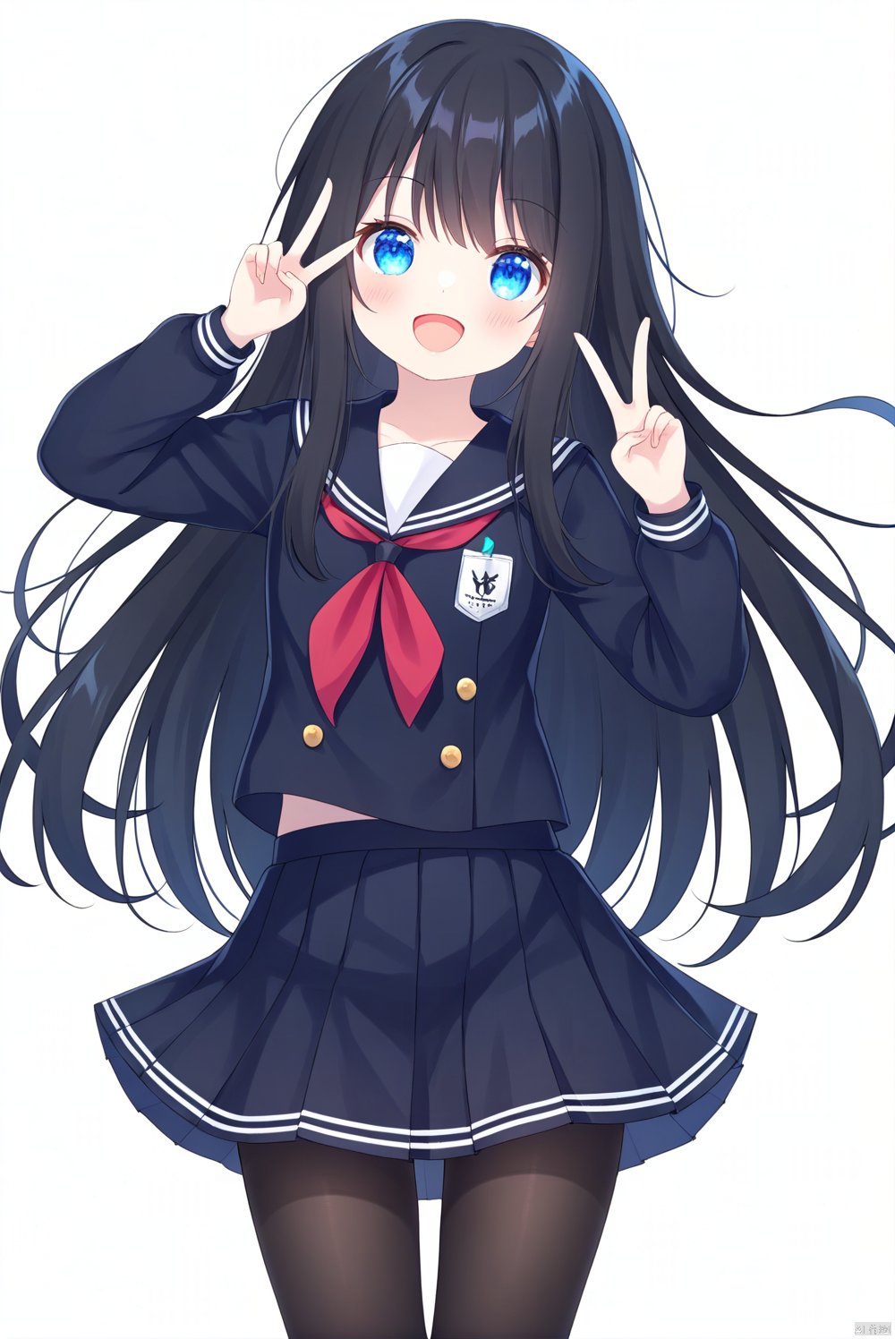  1girl, solo, long hair, looking at viewer, blush, smile, open mouth, blue eyes, skirt, simple background, black hair, white background, school uniform, :d, pantyhose, pleated skirt, serafuku, black pantyhose, v, buttons, double v
