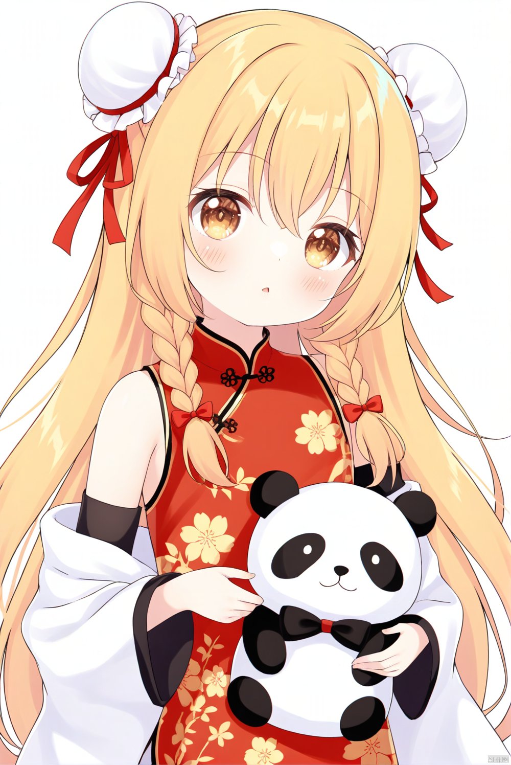 1girl, loli, solo, long hair, looking at viewer, blush, bangs, blonde hair, simple background, long sleeves, white background, dress, holding, hair between eyes, bare shoulders, brown eyes, upper body, braid, flower, parted lips, detached sleeves, sleeveless, hair bun, twin braids, head tilt, double bun, sleeveless dress, chinese clothes, floral print, stuffed toy, stuffed animal, china dress, shawl, bun cover, panda