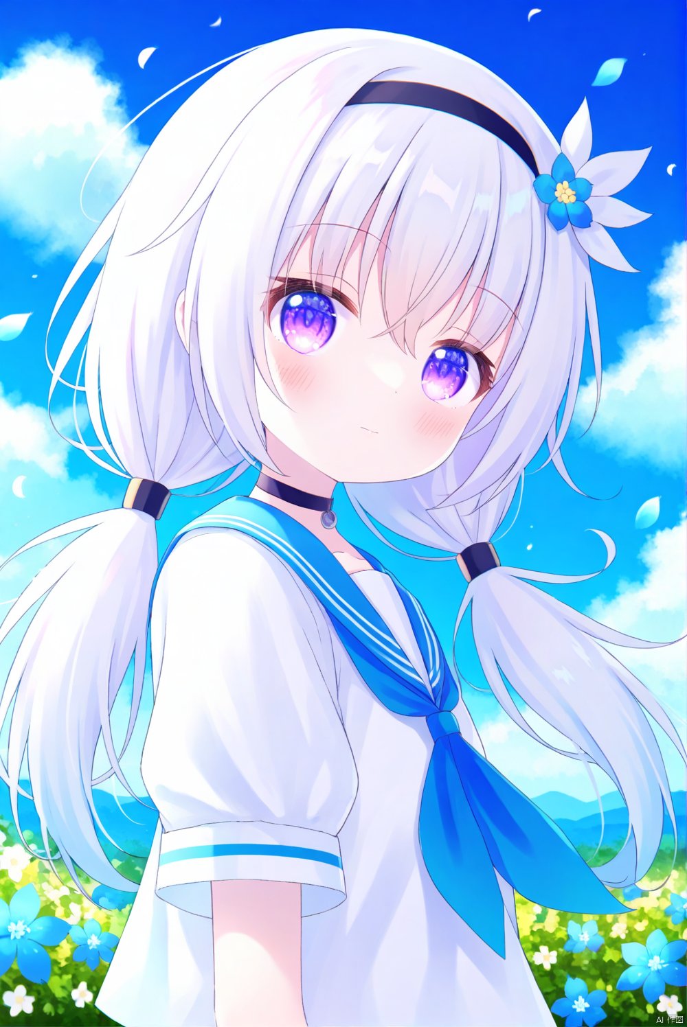 1girl, loli, solo, looking at viewer, blush, bangs, shirt, hair ornament, hair between eyes, twintails, closed mouth, school uniform, purple eyes, white shirt, upper body, flower, white hair, short sleeves, hairband, outdoors, sky, serafuku, choker, day, puffy sleeves, cloud, hair flower, sailor collar, from side, blue sky, puffy short sleeves, neckerchief, petals, low twintails, black choker, black hairband, short twintails, blue flower, blue neckerchief