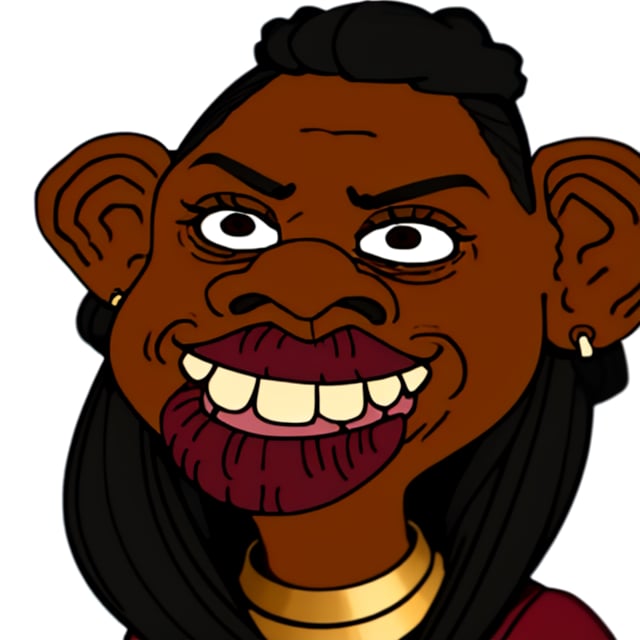 1girl, (angry), black woman, long_hair, makeup, earings, monkey, big-teeth, big-nose, big-lips, portrait, white backdrop, ("wojak caricature" style), (highres, best quality, masterpiece:1.2) ,sheeeit