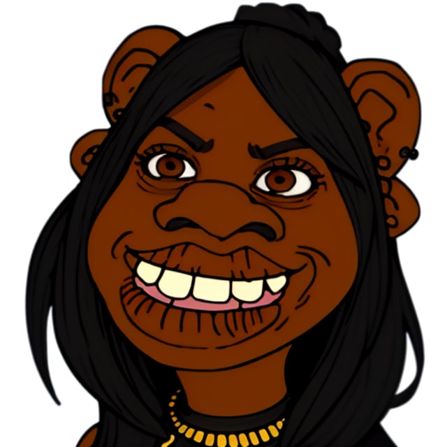 1girl, black, woman, long_hair, makeup, earings, gorilla, big-teeth, big-nose, big-lips, portrait, white backdrop, ("wojak caricature" style), (highres, best quality, masterpiece:1.2) ,sheeeit