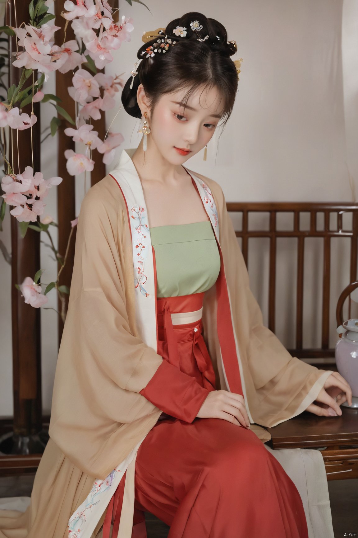  (masterpiece, top quality, best quality, official art, beautiful and aesthetic:1.2),gf-hd, 1girl, solo, hair ornament, jewelry,hanfu dress, red dress, earrings, chinese clothes, brown hair, ribbon, hanfu, red ribbon, shawl, song_hanfu,(big breasts:1.39), monkren