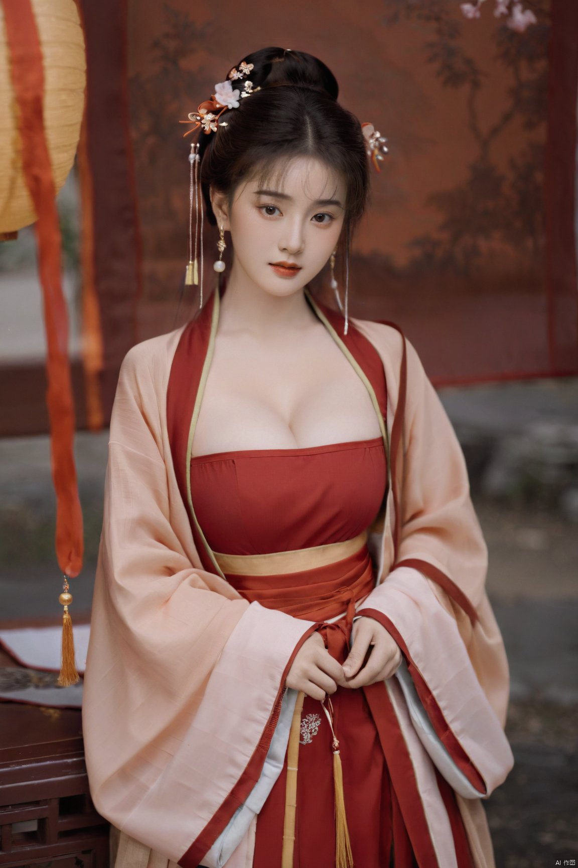  (masterpiece, top quality, best quality, official art, beautiful and aesthetic:1.2),gf-hd, 1girl, solo, hair ornament, jewelry,hanfu dress, red dress, earrings, chinese clothes, brown hair, ribbon, hanfu, red ribbon, shawl, song_hanfu,(big breasts:1.39), monkren