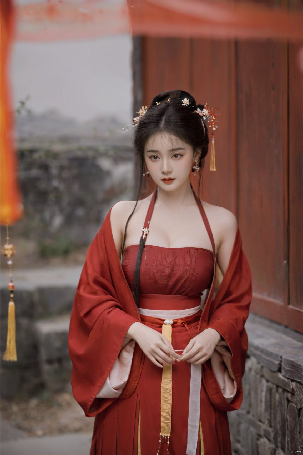  (masterpiece, top quality, best quality, official art, beautiful and aesthetic:1.2),gf-hd, 1girl, solo, hair ornament, jewelry,hanfu dress, red dress, earrings, chinese clothes, brown hair, ribbon, hanfu, red ribbon, shawl, song_hanfu,(big breasts:1.39), monkren