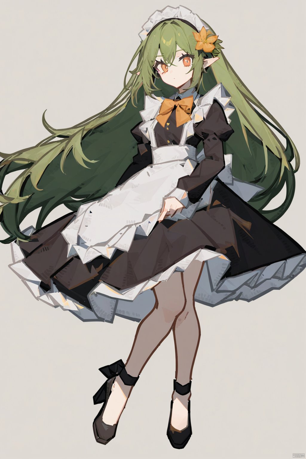 1girl, solo, long hair, looking at viewer, bangs, simple background, hair ornament, long sleeves, white background, dress, bow, very long hair, closed mouth, standing, full body, flower, frills, green hair, pointy ears, puffy sleeves, hair flower, bowtie, black footwear, apron, black dress, high heels, from side, orange eyes, maid, maid headdress, standing on one leg, juliet sleeves, white apron, maid apron, yellow flower, orange flower,thick coating, flat coating,