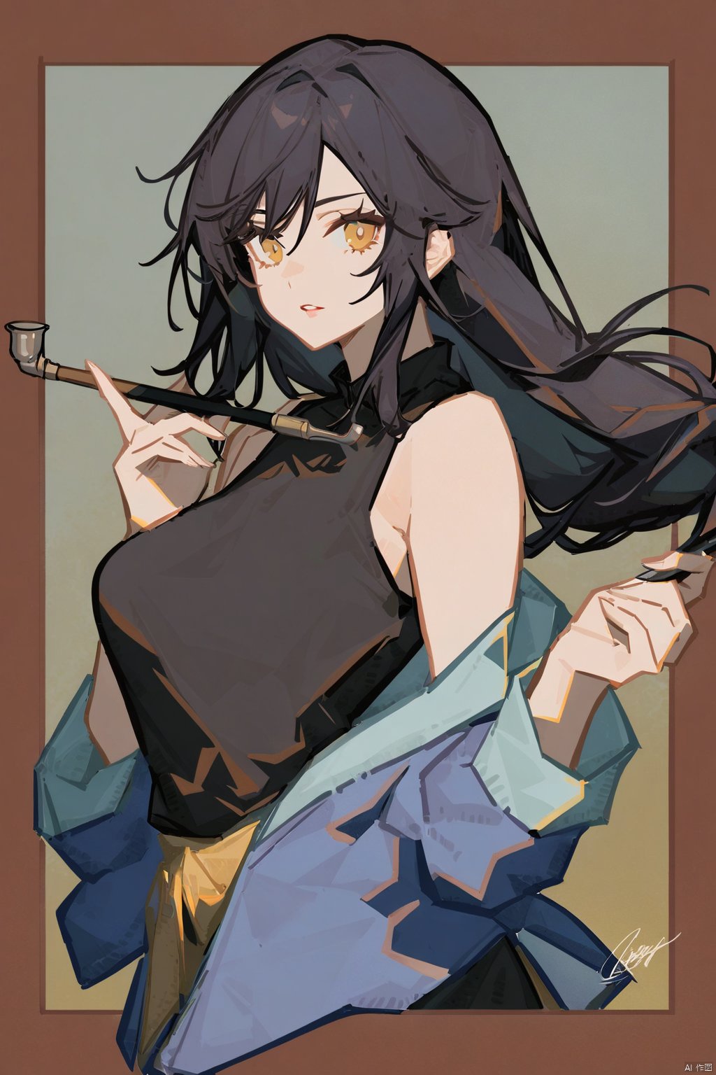 1girl, solo, long hair, breasts, looking at viewer, shirt, black hair, holding, bare shoulders, jacket, yellow eyes, parted lips, sleeveless, signature, off shoulder, black shirt, border, blue jacket, smoking pipe, holding smoking pipe