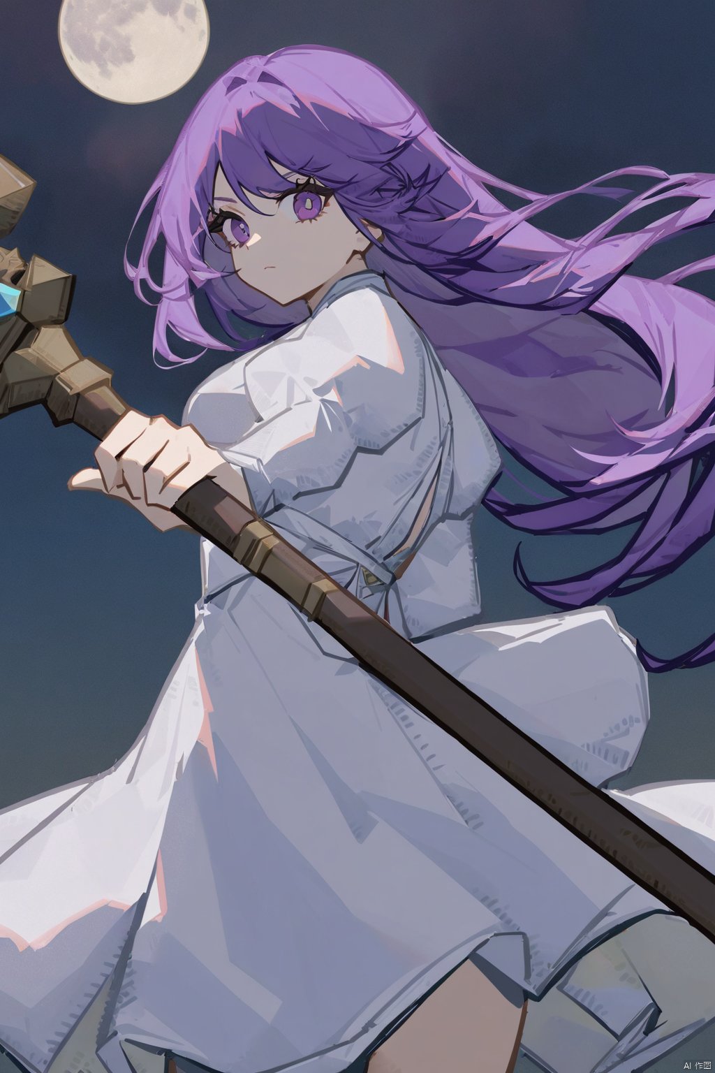 1girl, solo, long hair, looking at viewer, bangs, long sleeves, dress, holding, closed mouth, purple eyes, weapon, purple hair, puffy sleeves, holding weapon, white dress, floating hair, moon, staff, full moon, holding staff,flat coating, thick coating, (\shen ming shao nv\)