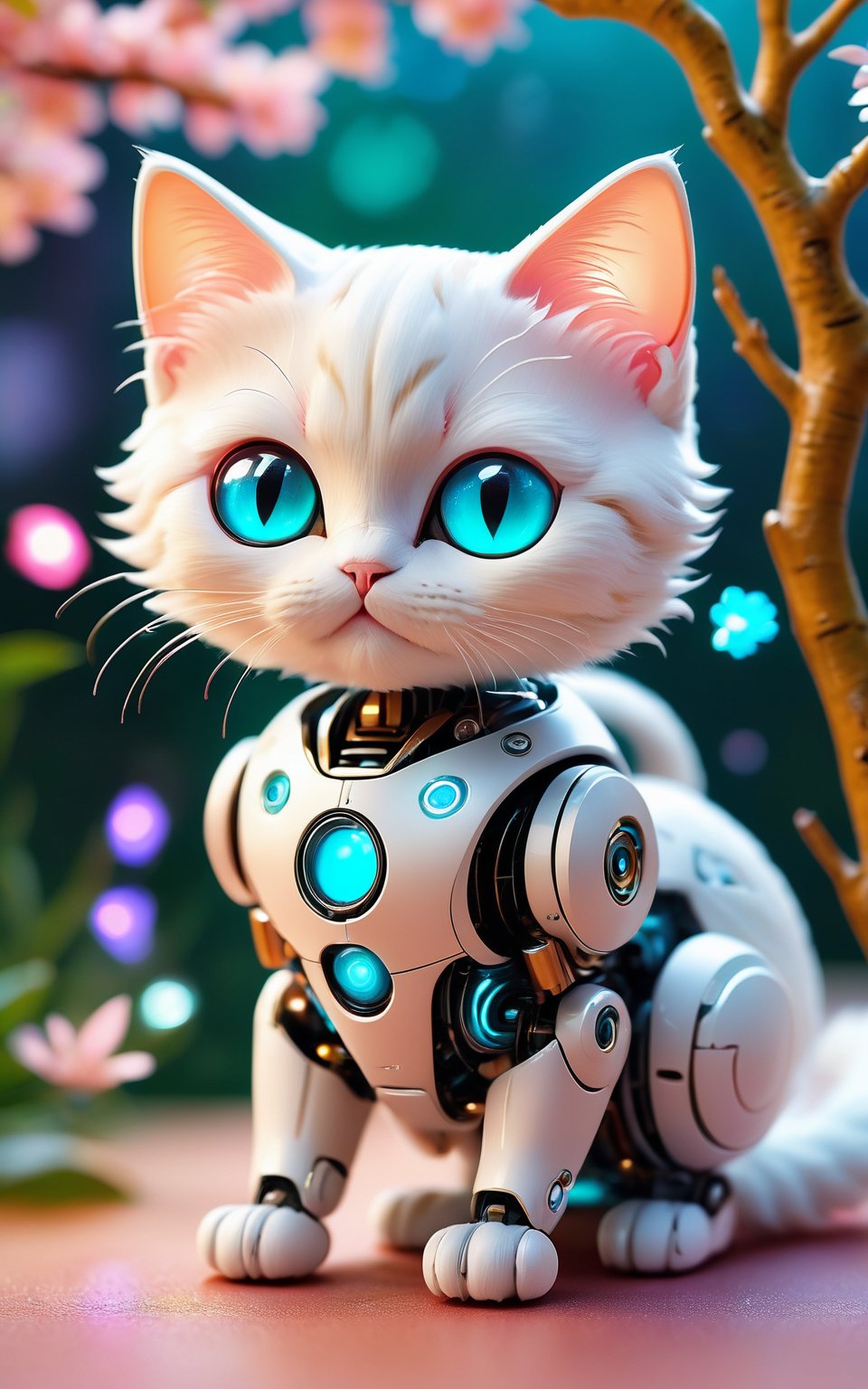 (best quality,8K,highres,masterpiece), ultra-detailed, (tiny robot kitten with oversized glowing eyes), a adorable tiny robot kitten with sleek metallic fur and oversized glowing eyes that radiate with vibrant light. Its body is adorned with soft, vibrant pastel colors, adding to its whimsical charm. The kitten is curled up in a playful pose, exuding a sense of innocence and curiosity. In the background, a minimalist circuit-board tree stands tall, with illuminated branches and leaves casting a soft glow. The juxtaposition of the robotic kitten against the organic elements of the tree creates a whimsical and playful atmosphere. Every detail of the scene is meticulously rendered, capturing the intricate beauty of the robotic kitten and the fantastical nature of its surroundings. Feel free to add your own creative touches to enhance the whimsy and detail of this captivating artwork.