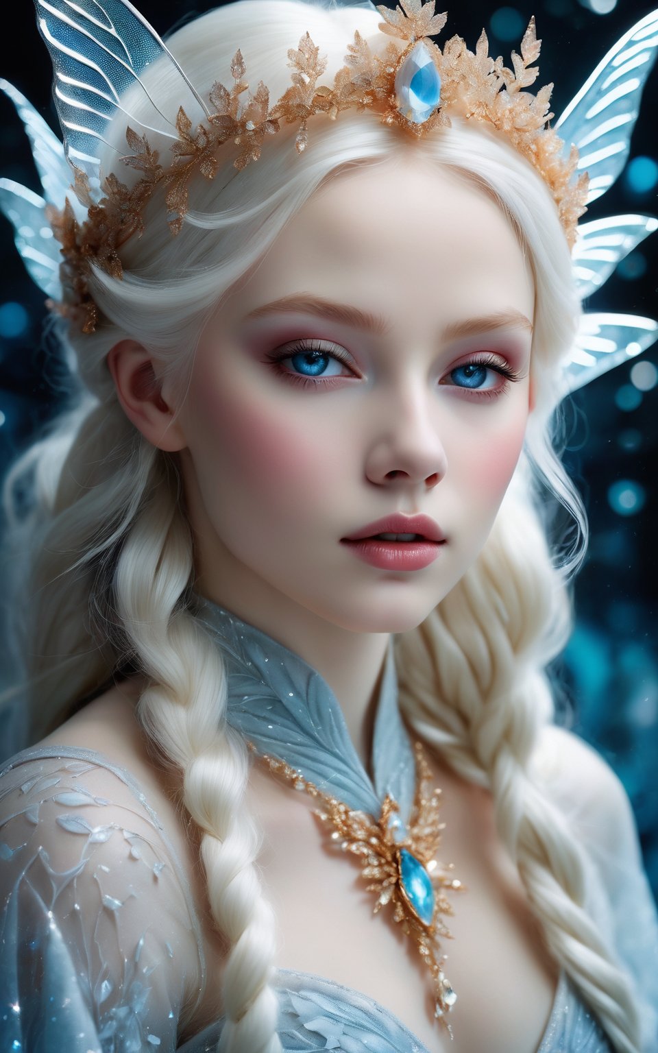 (best quality,8K,highres,masterpiece), ultra-detailed, (portrait of a beautiful ice fairy with albino porcelain skin), a enchanting ice fairy with ethereal features. Her porcelain skin is pristine and pale, with a delicate beauty that captivates the viewer. Ice blue eyes gleam with an otherworldly light, while her hair cascades in intricate ice-like strands, shimmering with a rasta-inspired pattern. Adorned with pearls and crystalline ice accents, she exudes an aura of timeless elegance and mystique. The scene is reminiscent of a fairy tale, with a monochrome color palette adding to the dreamlike quality of the artwork. Created using a mixed-media collage technique, the portrait is a masterpiece of texture and depth, with every detail meticulously crafted to perfection. Feel free to add your own creative touches to enhance the enchantment and beauty of this captivating ice fairy.