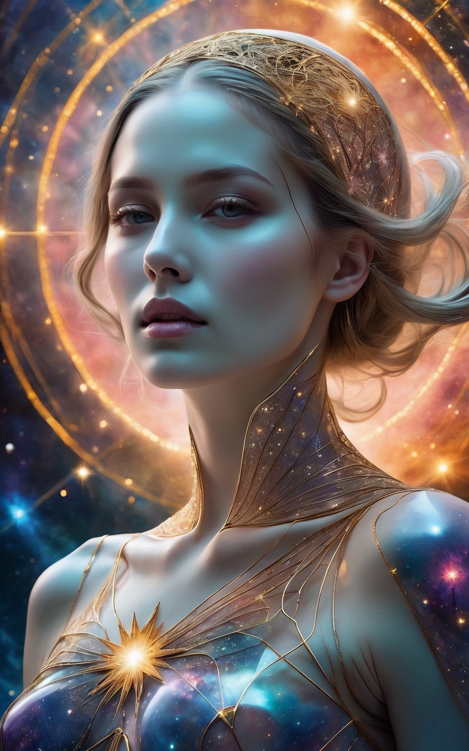 (best quality,8K,highres,masterpiece), ultra-detailed, featuring a woman with her face obscured by a grey square, set against a cosmic, star-filled background. The woman appears to be wearing or integrated with an intricate skeletal structure that is white and somewhat luminescent. The cosmic backdrop bathes the scene in a mesmerizing array of stars and galaxies, creating a sense of vastness and wonder. The obscured face adds an air of mystery and intrigue, inviting viewers to ponder the hidden depths of the character's identity. Meanwhile, the intricate skeletal structure adds a touch of ethereal beauty and symbolism, hinting at themes of mortality, transformation, and the interconnectedness of all things. This artwork is a captivating exploration of the human form amidst the cosmic expanse, blending elements of mystery, beauty, and cosmic wonder.