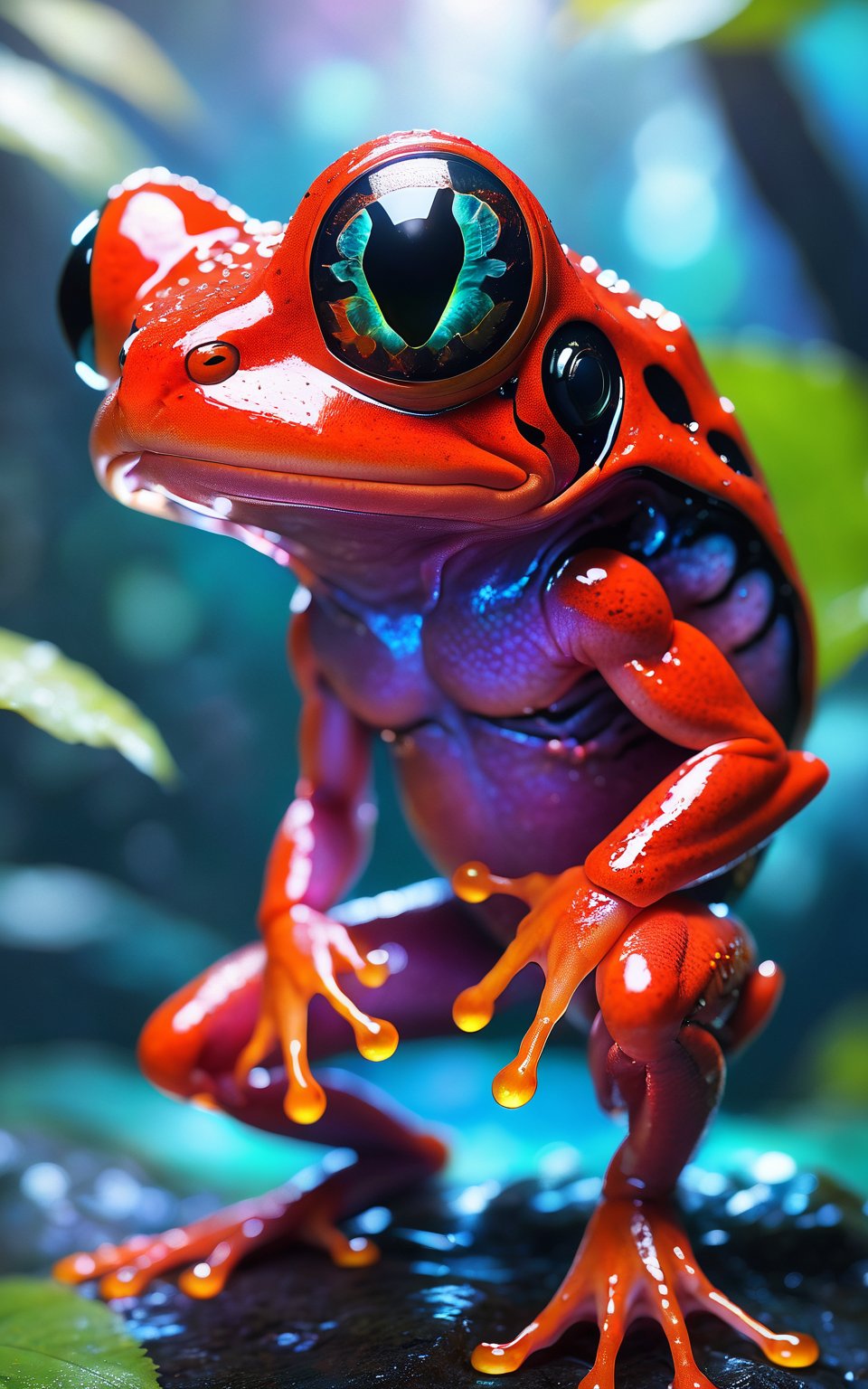 (best quality,8K,highres,masterpiece), ultra-detailed, (alien red frog), an otherworldly red frog with alien features. The frog's body is adorned with exotic patterns and textures, reminiscent of extraterrestrial origins. Its vibrant red skin contrasts with the surrounding environment, adding to its alien allure. The frog's eyes gleam with an otherworldly glow, hinting at its mysterious nature. Feel free to add your own creative touches to enhance the unique and otherworldly qualities of this captivating creature.