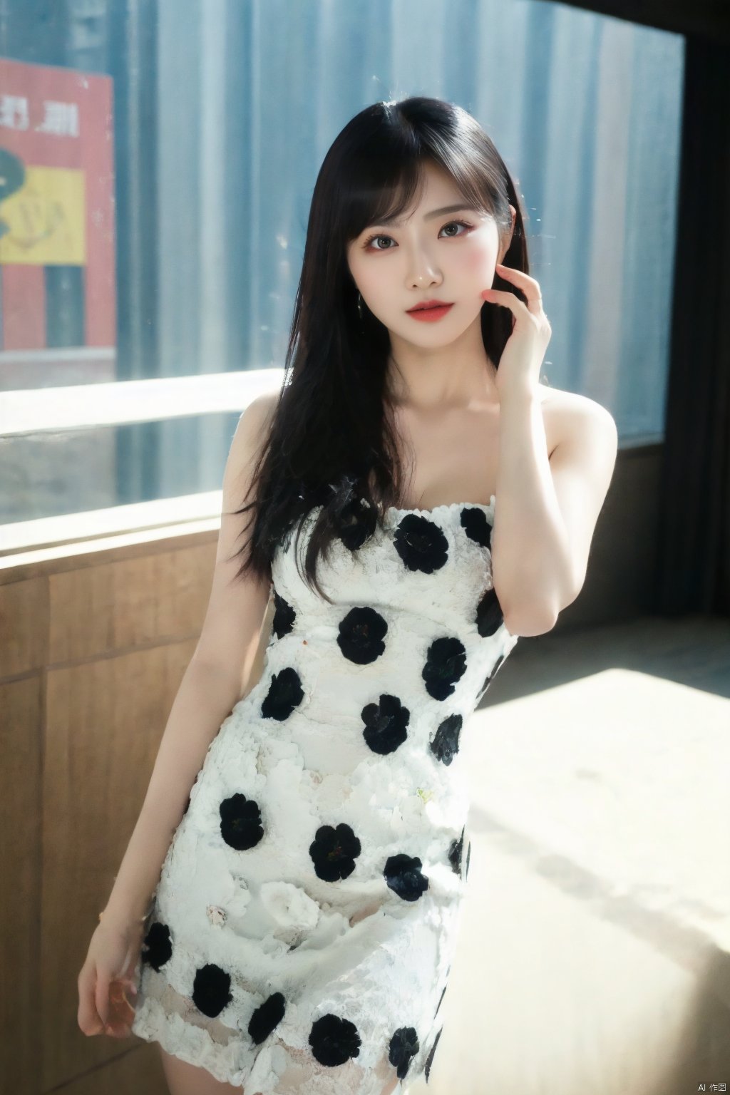 (global illumination, reality,ray tracing, HDR, unreal rendering, reasonable design, high detail, masterpiece,best quality, ultra high definition, movie lighting),
1girl,outdoor,looking_at_viewer,side_blunt_bangs,china_dress,chinese_style,big breasts,pose,solo,1girl,black hair,black eyes, ,  xieshi, makeup, eyeshadow,写实, lifu