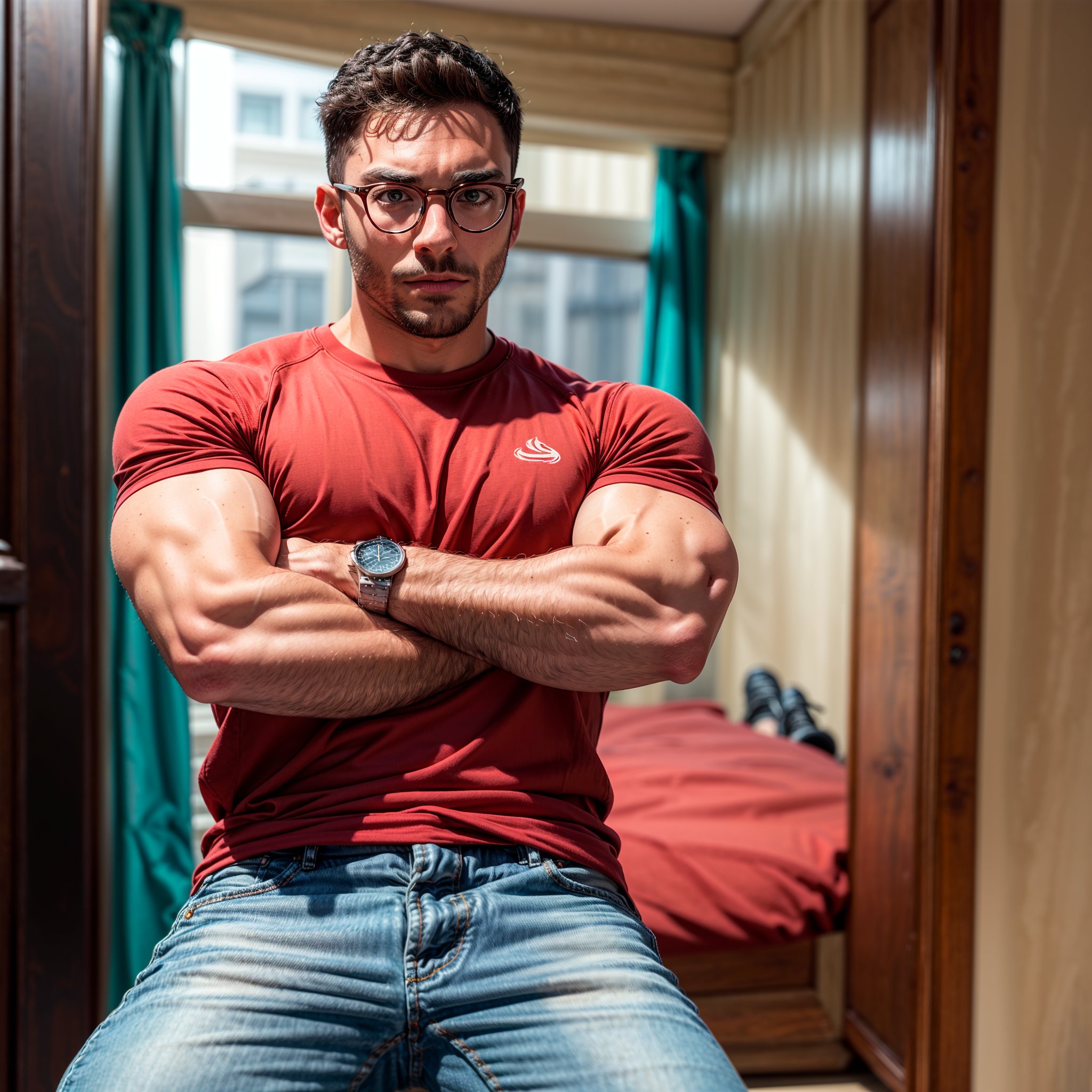 xmurry, male focus, 1boy, shirt, glasses, watch, arm hair, facial hair, crossed arms, beard, pants, wristwatch, red shirt, muscular, blurry background, looking at viewer, black hair, muscular male, solo, solo focus, jeans, blurry, t-shirt