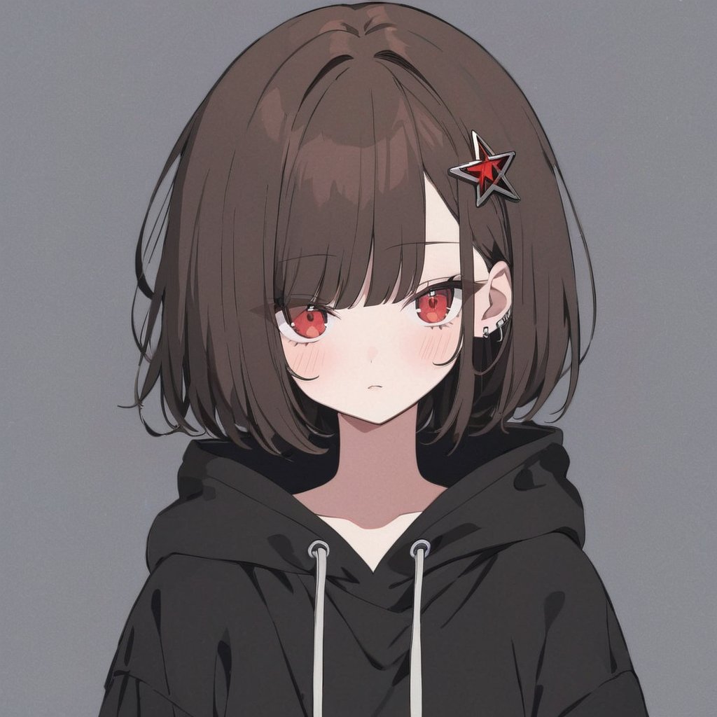 girl, chara, red eyes , dark brown short hair, red pentagram pin in hair, big black hoodies, black socs, hell background,txznflat,txznf